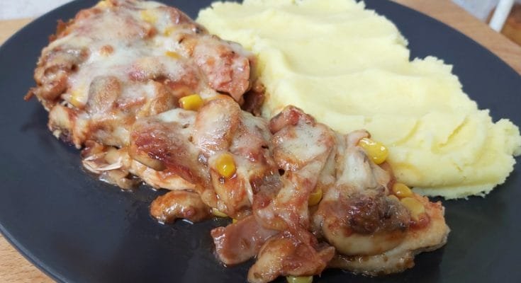 songoku csirkemell csőben sütve, sonkás gombás kukoricás csirkemell